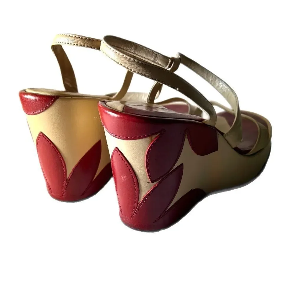Bolero Italian Leather Tan Red Flower Wedge Heels Women’s size 36
